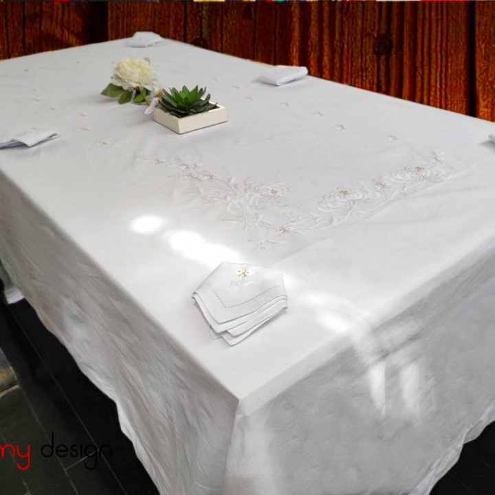 Rectangle chrysanthemum flower embroidery table cloth 300x180cm - include 12 napkins